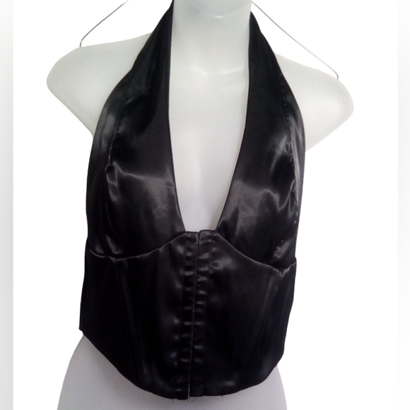 Sleek Unbranded Black Hook Front Corset Halter Tie Back Top Large - Picture 1 of 6